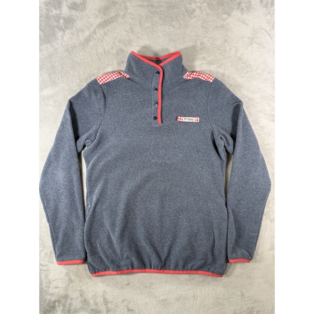 Columbia PFG Sweatshirt Women's Small Grey Red Plaid 1/4 Snap Fleece Pullover